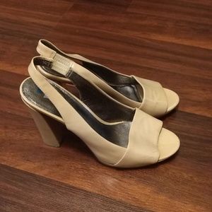 Nude Sling back peep toe heels